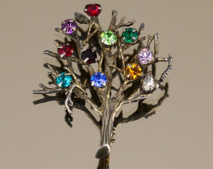 Vintage Tarnished Gold Plated Tree Shape With Branches Multi Color Crystals CZ Design Brooch Sterling Silver 925 BB 2315