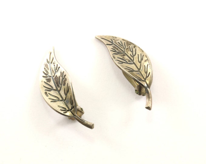 Vintage Leaf Design Clip On Earrings 925 Sterling Silver ER 975