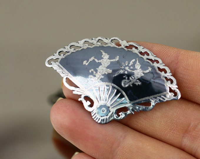 Vintage Siam Niello Dancer Fan Design Brooch Sterling 925 BB 363