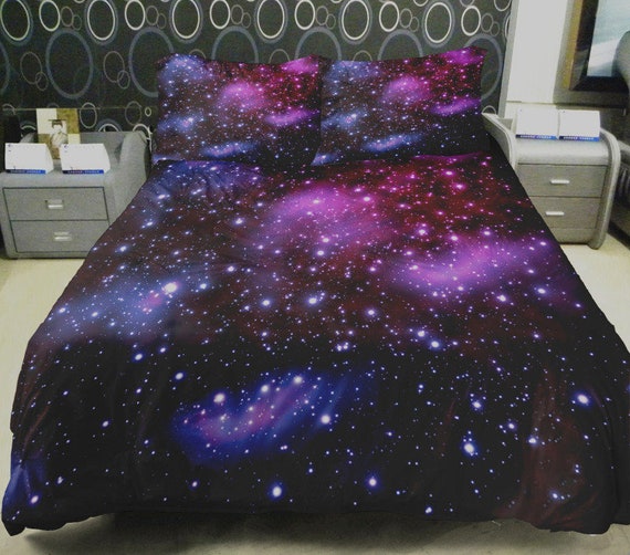 3 Pcs Purple Galaxy Duvet Cover With 2 Matching Pillow Case 3 Pcs Purple Galaxy Duvet Cover With 2, Purple And Silver King Size Bedding