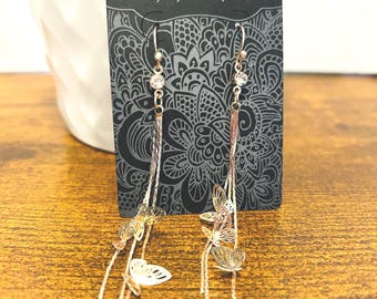 Rose Gold Filigree Butterfly Dangle Earrings: Hypoallergenic French Hooks
