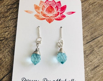 Aquamarine Crystal Earrings: Sterling Silver Threader Drop, March Birthstone