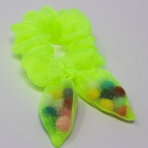 Neon Green Scrunchie With Bow,Tissue Hair Scrunchie,Pompom Hair Scrunchy,Gently Hair Elastic,Hair Accessories,Gift Favors Handmade