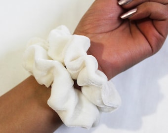 White Velvet Hair Scrunchie, Hair Ties, Gentle Hair Elastic, Hair Accessories and Handmade Favors or Gifts