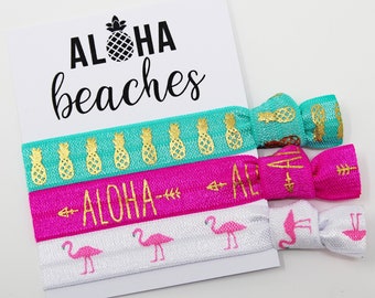 Aloha Beaches Hair Ties, Elastic Hair Ties, Elastic Wrist Bands, Flamingo and Pineapple Party Favors, Bachelorette Favors, Hair Tie Favors