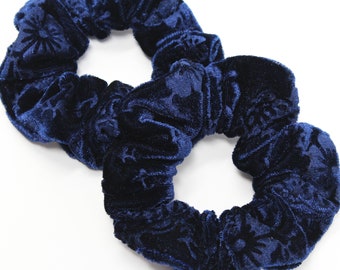 Navy Blue Floral Print Velvet Hair Scrunchie, Hair Ties, Gentle Hair Elastic, Hair Accessories and Handmade Favors or Gifts