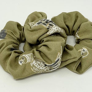 Sage green parrot print hair scrunchie,scrunchy,hair tie,gentle hair elastic,hair accessories,gift,handmade,one hair scrunchie