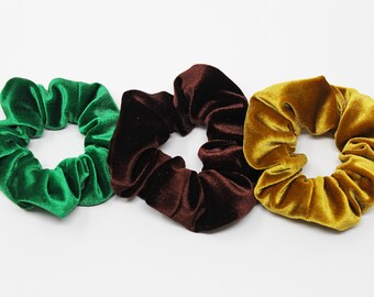 Earth Velvet Hair Scrunchie Set, Kelly Green, Brown, Mustard, Scrunchy, Gentle Hair Tie, Hair Accessories, Gift Set, Earth Day Scrunchie Set