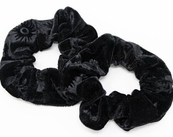 Black Floral Print Velvet Hair Scrunchie, Hair Tie, Gentle Hair Elastic, Hair Accessory and Handmade Favor or Gift, One Hair Scrunchie