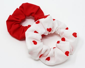 Heart Hair Scrunchie Set, Love Scrunchy Set, Heart Hair Ties, Red and Heart Cotton Scrunchie, Gift Set for Her, Hair Accessories, Handmade