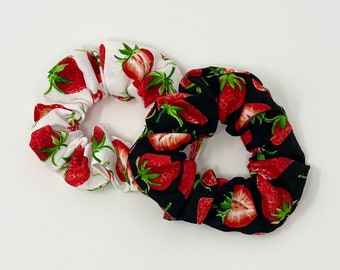 Strawberry Print Hair Scrunchie, Scrunchy, Top Knot, Hair Tie, Gentle Hair Elastic, Hair Accessories, Gift, Handmade, One Hair Scrunchie