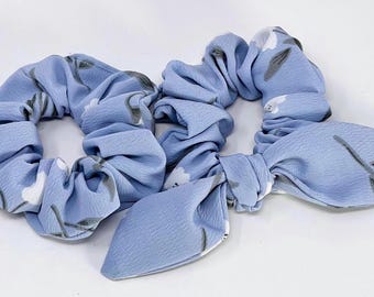 Floral Bow Hair Scrunchie,Blue Bow Scrunchy, Hair Tie, Gentle Hair Elastic, Hair Accessories, Favors, Gift for Her,