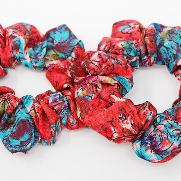 Red and Blue Floral Hair Scrunchie, Scrunchy, Hair Tie, Gentle Hair Elastic, Hair Accessory, Gift, Favors, Handmade, One Hair Scrunchie