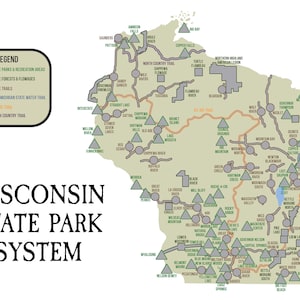 May include: A map of Wisconsin showing the state park system. The map is green and brown with gray circles and green triangles marking the locations of the parks. The map includes the North Country Trail, Ice Age Trail, and Lake Michigan State Water Trail.