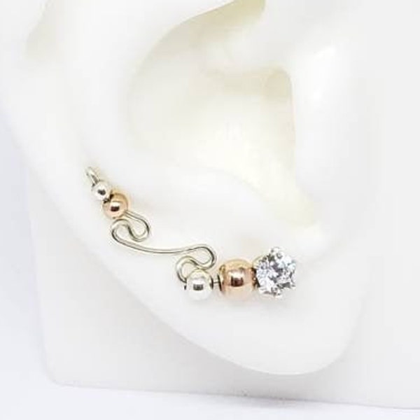 Ear climber stearling silver  and 14k goldfilled. Cubic zirconia and natural stones