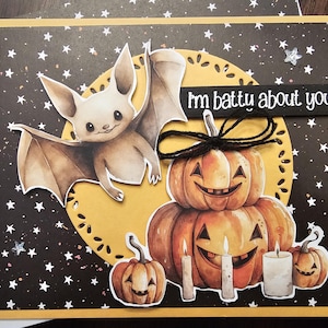 Cute bat & jack-o-lanterns - I&#39;m batty about you - Handmade Halloween greeting card
