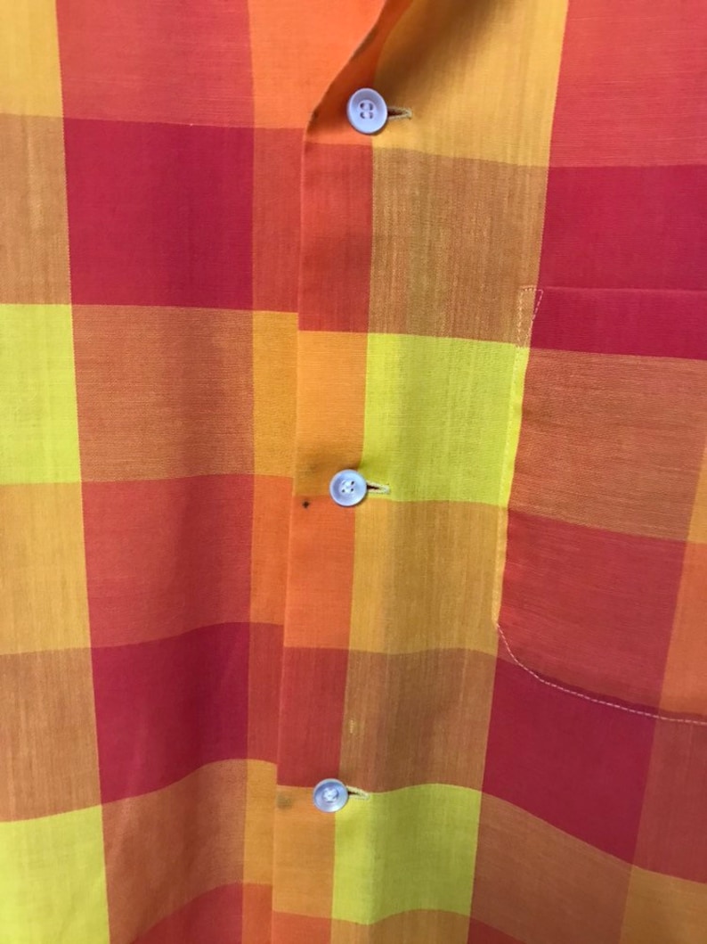 1960s sears and roebucks red yellow orange checkered shirt 14 14 12 14.5 60s mod casual office picnic blanket