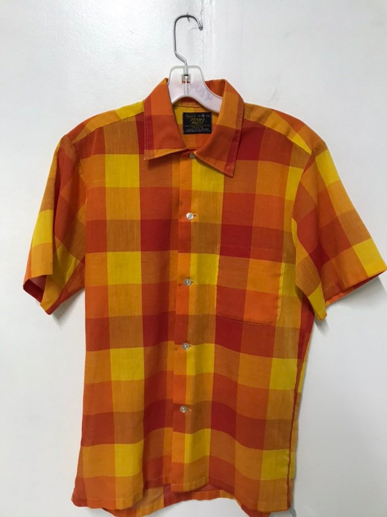 1960s sears and roebucks red yellow orange checkered shirt 14 14 12 14.5 60s mod casual office picnic blanket