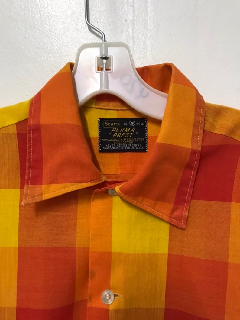 1960s sears and roebucks red yellow orange checkered shirt 14 14 12 14.5 60s mod casual office picnic blanket