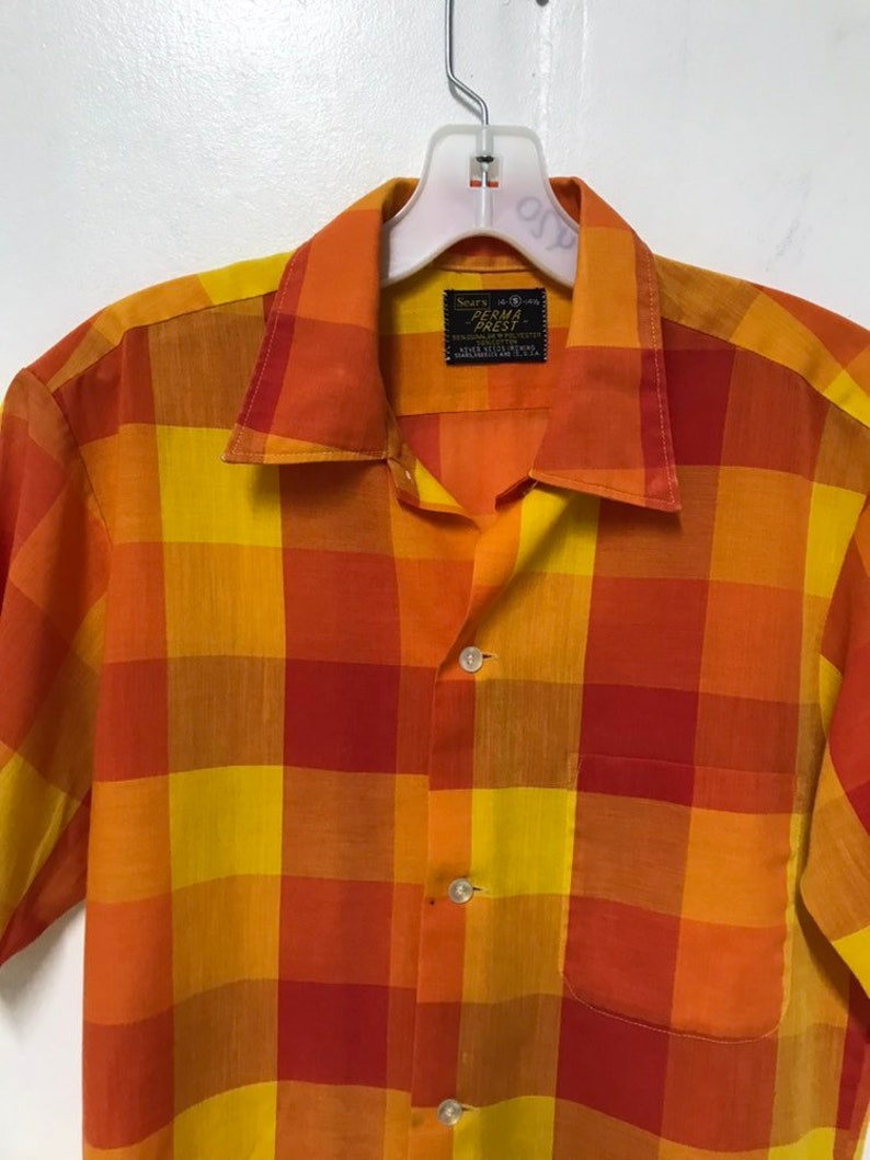 1960s sears and roebucks red yellow orange checkered shirt 14 14 12 14.5 60s mod casual office picnic blanket