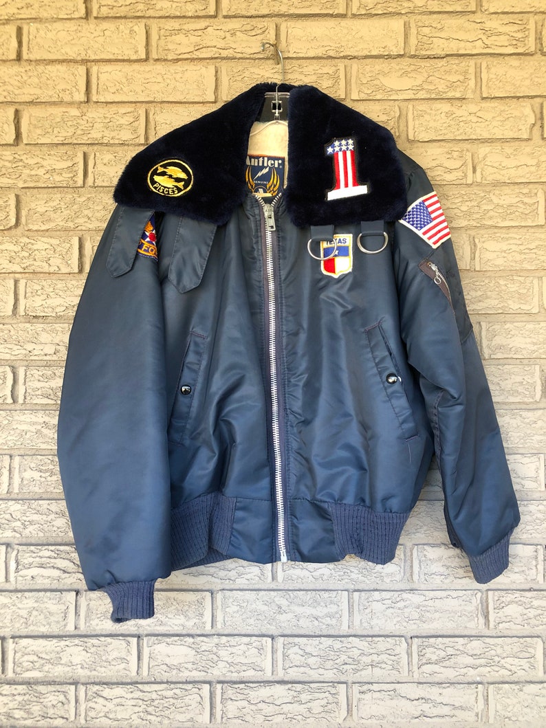 1970s antler b2 flight jacket in navy custom patches Texas | Etsy