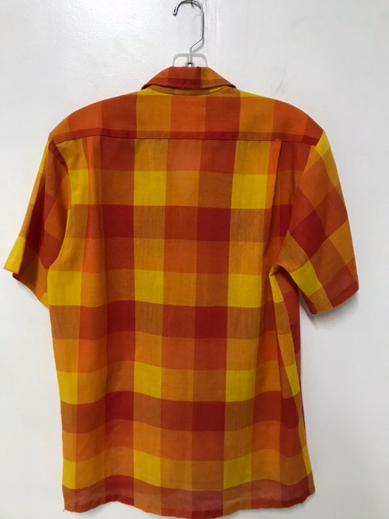 1960s sears and roebucks red yellow orange checkered shirt 14 14 12 14.5 60s mod casual office picnic blanket