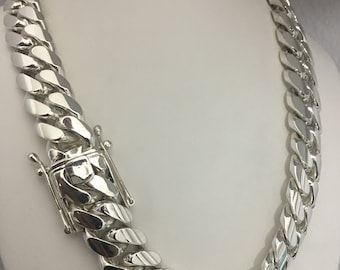 19 mm 24 tum, handgjort halsband i rent massivt 999 silver med kubansk länk