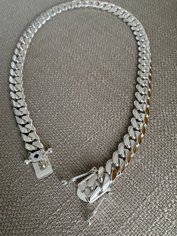 11mm 17inchs999 Pure Solid Silver Hand Made Cuban Link Chain BLUE