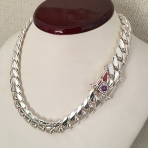 14mm 18.5inchs 999 pure solid silver hand made cuban link chain with real Amethyst