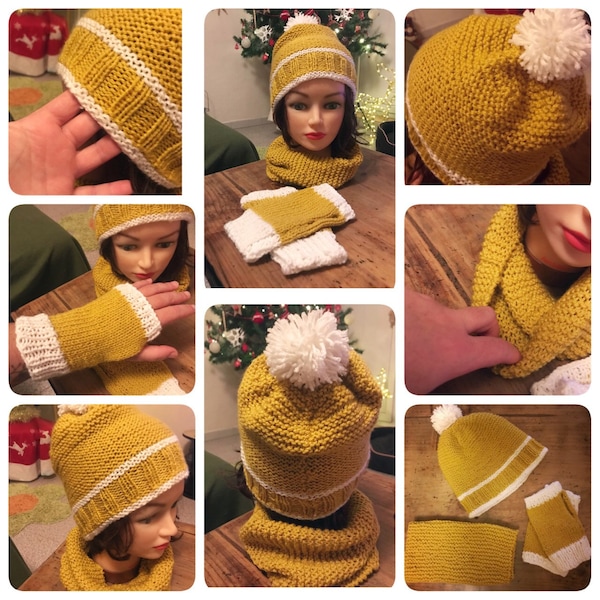 Ensemble bonnet/snood/mitaines au tricot