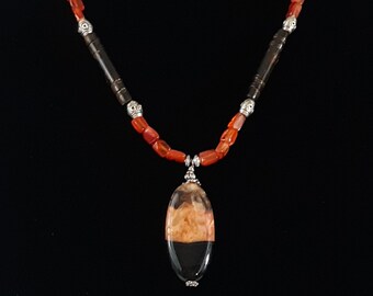 Handcrafted Carnelian Necklace Earring Set, Agate & Teak