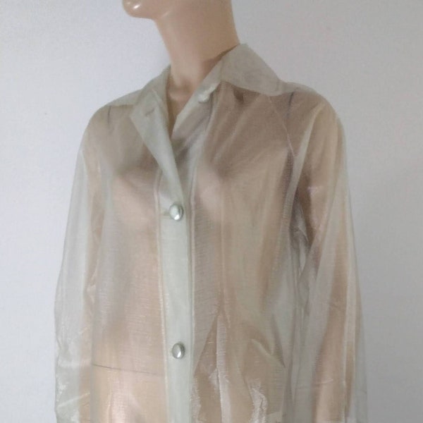 60's Women's Raincoat Windbreaker Trench Style Clear Transparent Brushed Silver Buttons Cool Pockets Excellent Condition RARE Vintage Size M