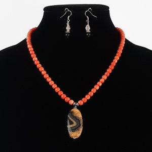 Coral Necklace Jewelry Earrings Set Womens High Grade Orange Coral Fancy Black Lace Agate Gemstone Jewelry Great Gift Handcrafted Genuine
