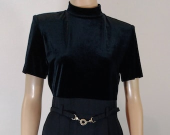 Vintage 80s Black Velvet Top Jumpsuit, Pleated Pantsuit, Size 8P