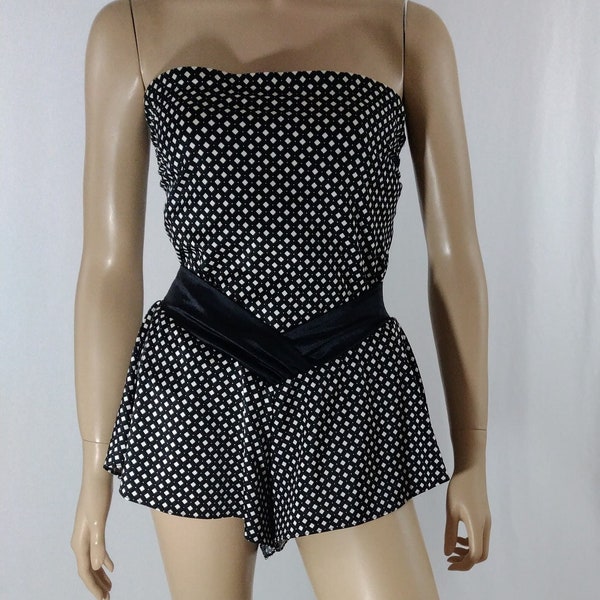 80's Bathing Suit Women's One Piece Black White Strapless Flare-out Skirt Bombshell Glamour Excellent Condition Vintage by GABAR size L