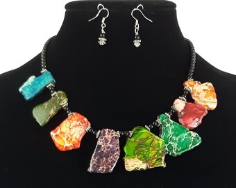 Handcrafted Turquoise & Obsidian Necklace Earrings Set: Rainbow Gemstone
