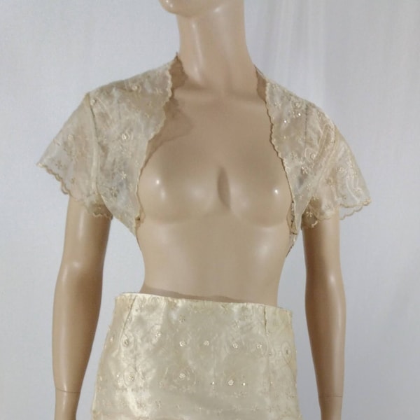 60's 70's Bridal Set Beige Beaded Lace Bolero Jacket Skirt Women's Lace Semi Sheer Pearls Excellent Condition Vintage by HOMEMADE Size M