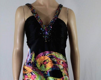 NORDSTROM Gown Women's Semi Formal Colorful Wild Abstract Satin Beaded Jewels Full Length Like New Vintage by Haley Logan COUTURE Size 9/10
