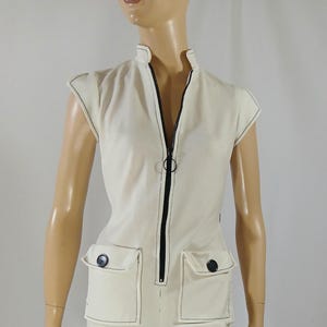70&#39;s Jumpsuit Women&#39;s White Zip Front Pockets Black Trim Crop Sleeves Cadet Collar Excellent Condition RARE Vintage by California USA Size 7
