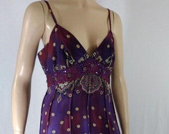 Women's Maxi Dress Boho 100% Silk Purple Deep Red Royal Floral Beaded Thin Straps Romantic Boutique Excellent Condition by QUOTATION Size 6