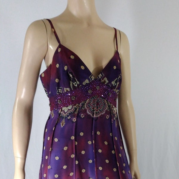 Women's Maxi Dress Boho 100% Silk Purple Deep Red Royal Floral Beaded Thin Straps Romantic Boutique Excellent Condition by QUOTATION Size 6