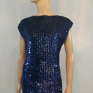 Blue Sequin Dress Women&#39;s 80&#39;s Dynasty Blue Cropped Sleeve Shoulder Pads Stretchy Excellent Condition Vintage by DIAMOND&#39;S RUN Size 11/12