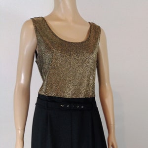 Women&#39;s Jumpsuit 80&#39;s Gold Sparkly Tank Top Black Pleated Pants Belted Lux Excellent Like New Perfect Vintage by John Roberts Size 14 USA