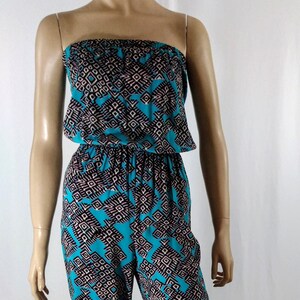 Women&#39;s Jumpsuit Blue Strapless Tube Top Elastic Top and Waist 100% Rayon Cut-Out in Back Geo Print Gorgeous Like New Condition Size S