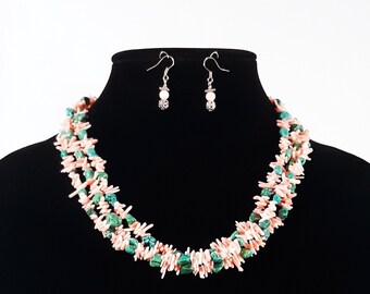 Coral Turquoise Jewelry Set: Handmade Triple Strand Necklace Earrings