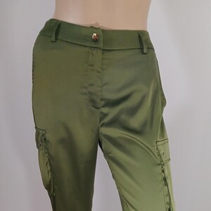 Satin Pants Women&#39;s Khaki Green Lace-up Genie Ankles Cargo Pockets Shiny Drapy Disco New w Tags Condition Vintage by HERA COLLECTION size M