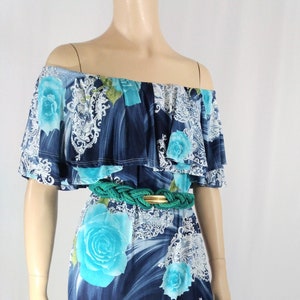 Women&#39;s Jumpsuit Floral One Piece Romper Blue Extra Long Off the Shoulder Ruffles Drapey Gorgeous Like New Condition by GOODTIME USA Size L