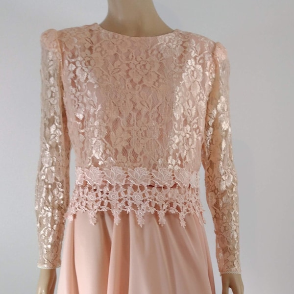 70's Lace Dress Women's Long Sleeve Antique Pastel Pink Lace Crepe Satin Belt Excellent Pristine Condition Vintage by MARIENETTE Size 14 USA