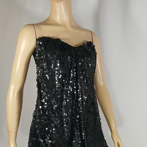 Black Sequined Dress Women&#39;s Strapless Mini Bubble Skirt Stretchy Fully Lined Disco Excellent Like New Condition Vintage by TRAC Size M USA