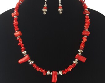 Handmade Red Coral Necklace Earring Set - Silver Tone Boho Jewelry